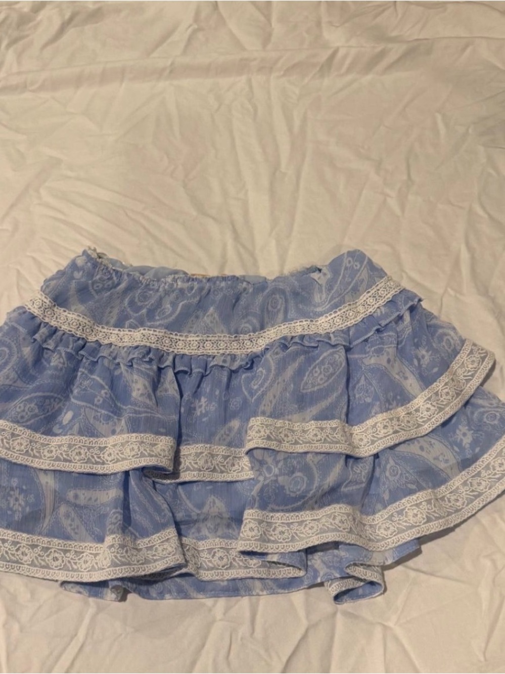 Urban Outfitters Light Blue Paisley Ruffle Mini Skirt with White Lace